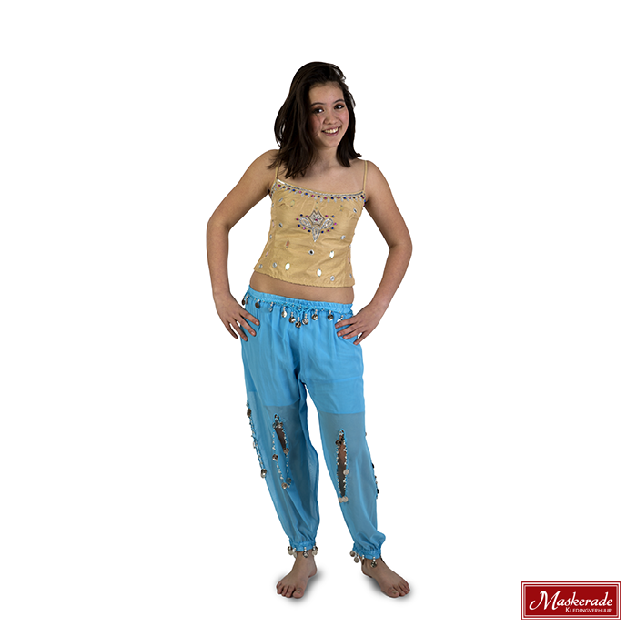 Arabisch kostuum van blauwe broek en beige top