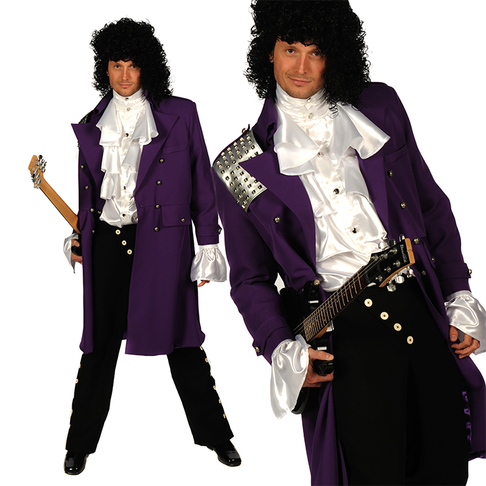 Prince, paarse jas met zwarte broek huren bij Kledingverhuur