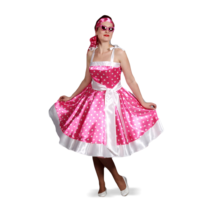 Tijdens ~ Additief Zijdelings Rock n roll jurk in roze met witte stippen huren bij Maskerade  Kledingverhuur
