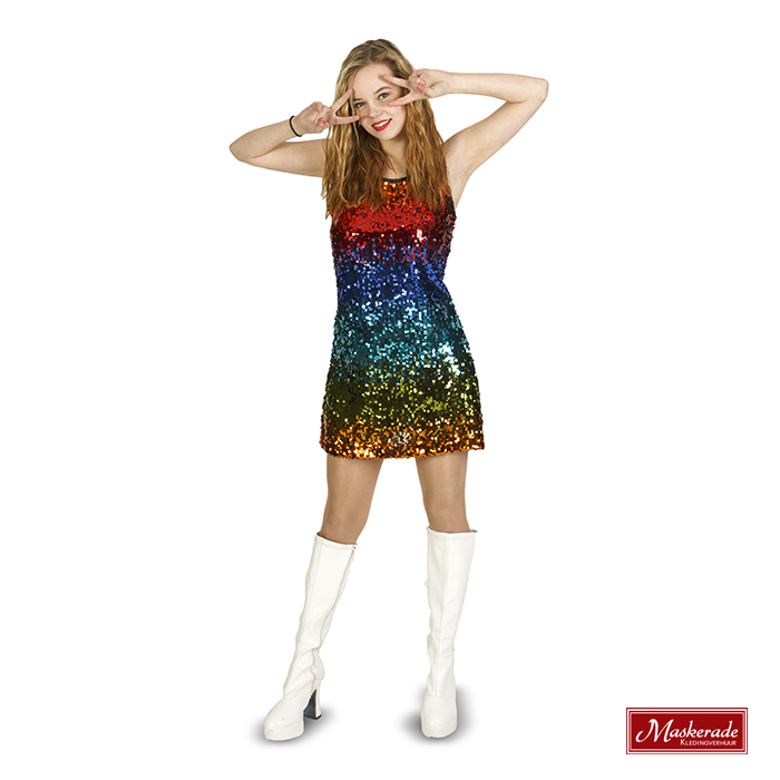 gekruld Ik heb een contract gemaakt aan de andere kant, Glitter disco jurk in multikleur huren bij Maskerade Kledingverhuur