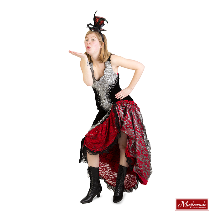 veel plezier Uittrekken kan zijn Zwarte burlesque jurk met rode draperie huren bij Maskerade Kledingverhuur